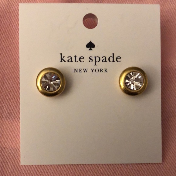 Kate Spade Gold Tone On the Dot Round Stud Earrings Crystal Accent NWT & Pouch - Picture 2 of 12